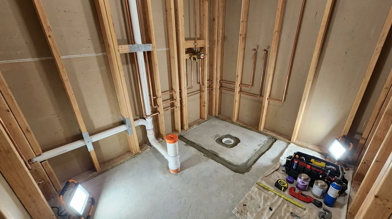 Bathroom rough-in plumbing during remodel by Johns Plumbing LLC in Fairland