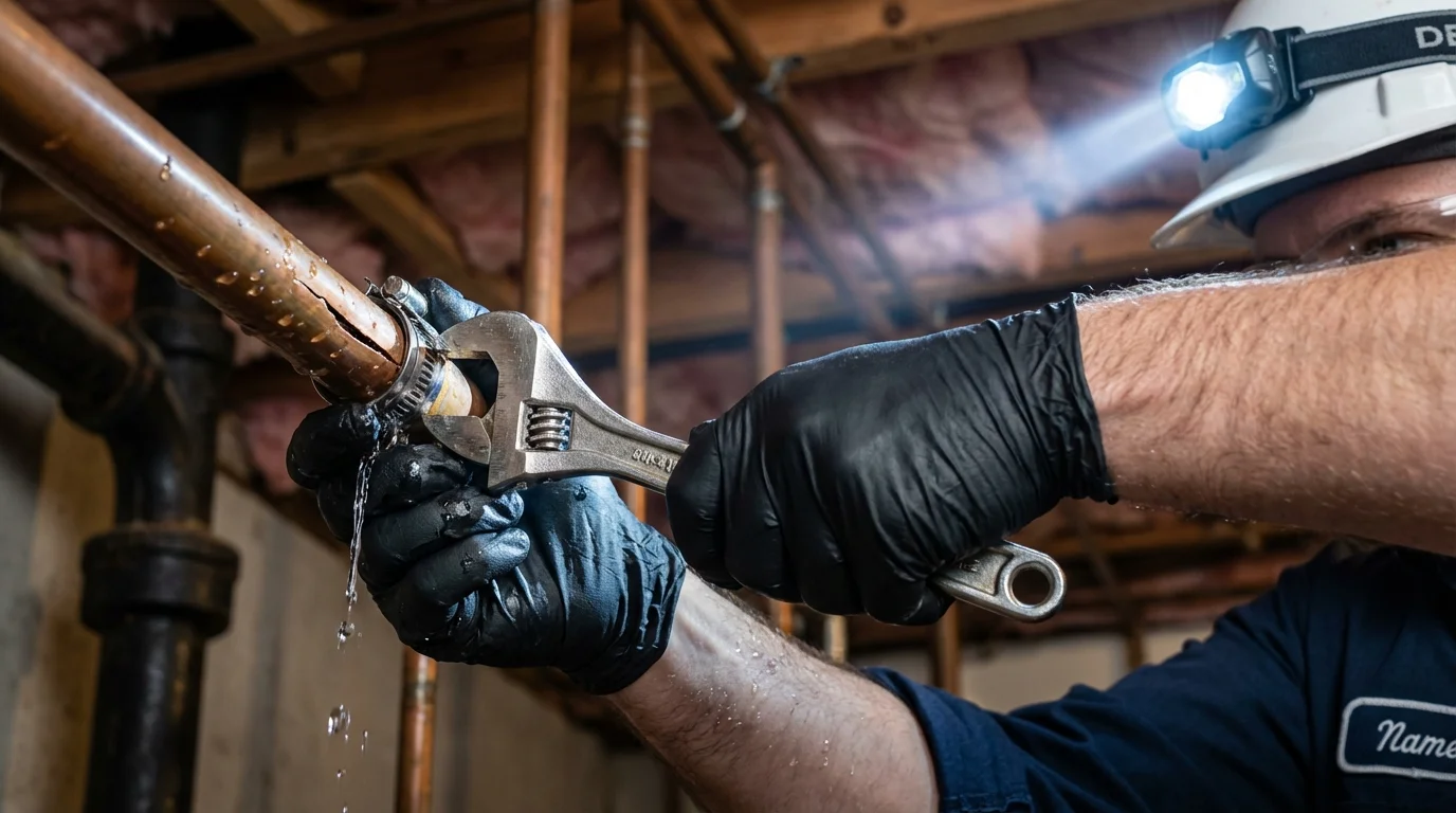 Emergency pipe clamp repair being performed by a Johns Plumbing LLC plumber in Fairland