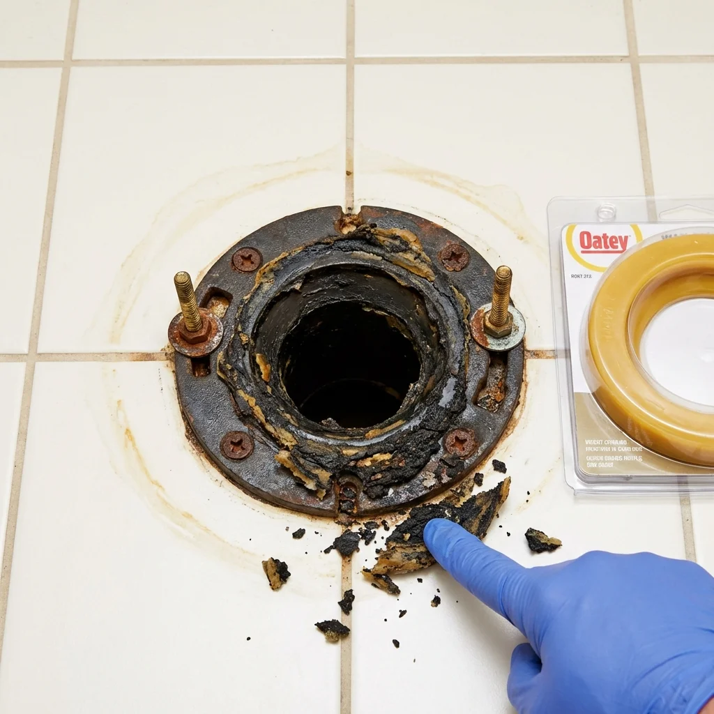 Failed wax ring showing water seepage at the base of a toilet in a Fairland, OK home