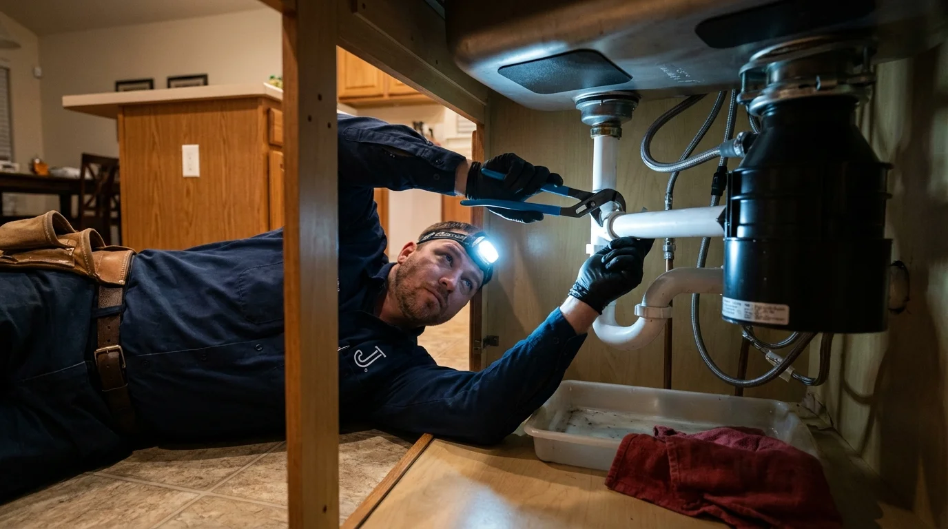 P-trap and supply line connections under a kitchen sink showing a common leak point in Fairland, OK
